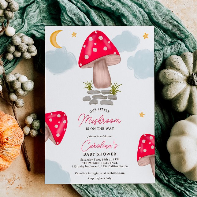 Fall röd, liten svamp i måne-babydusch inbjudningar (Fall red little mushroom moon baby shower invitation)