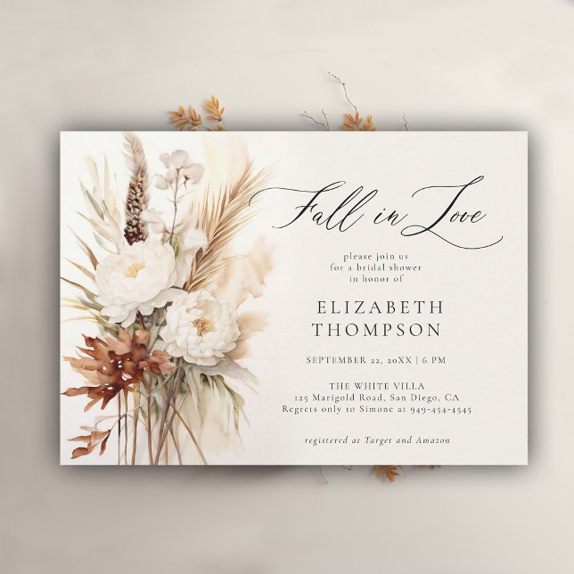 Fall Romantic Bouquet Boho Peony Möhippa Inbjudningar (fall in love bridal shower invitation peony boho pampas terracotta watercolor elegant modern casual)