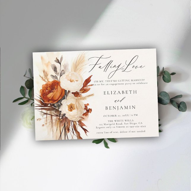 Fall Romantic Peony Ro Earthy Förlovningsfest Inbjudningar (fall engagement party invitation rustic peony rose boho pampas dry grass watercolor elegant rustic)