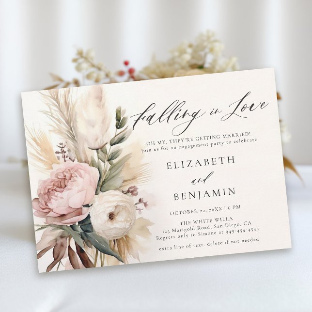 Fall Romantic Peony Ro Pampas Förlovningsfest Inbjudningar (fall engagement party invitation falling in love peony pampas boho rust burnt orange watercolor chic)