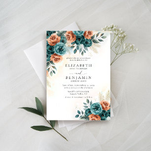 Fall Romantic Teal Burnt Orange Blommigt Bröllop Inbjudningar