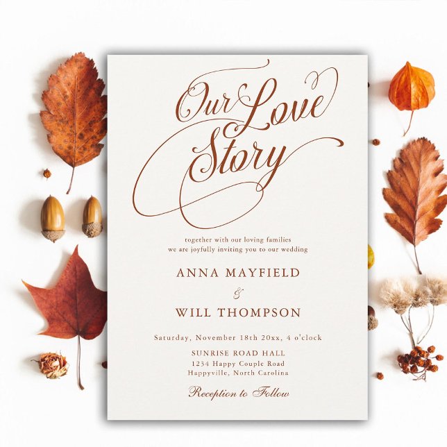 Fall Romantisk kalligrafi vår Kärlek Story Bröllop Inbjudningar (our love story romantic calligraphy wedding invitation terracotta elegant modern classic formal)