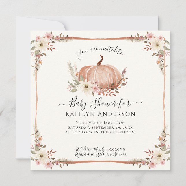 Fall Rosa Blommigt Pumpkin Baby Shower QR-kod Inbjudningar (Framsida)