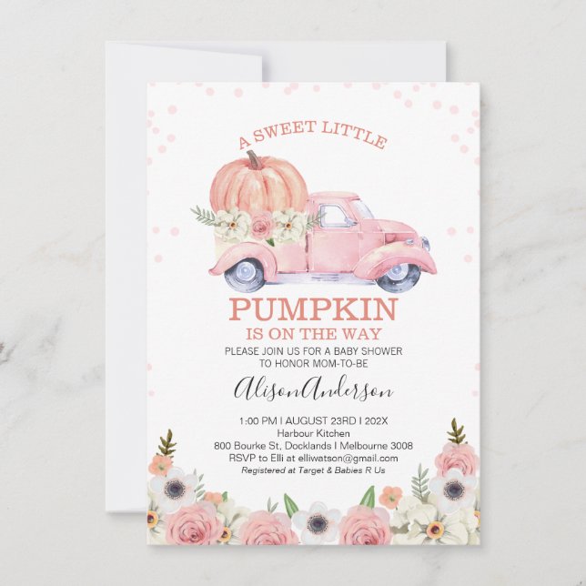 Fall Rosa Blommigt Pumpkin Lastbil Baby Shower Inbjudningar (Framsida)