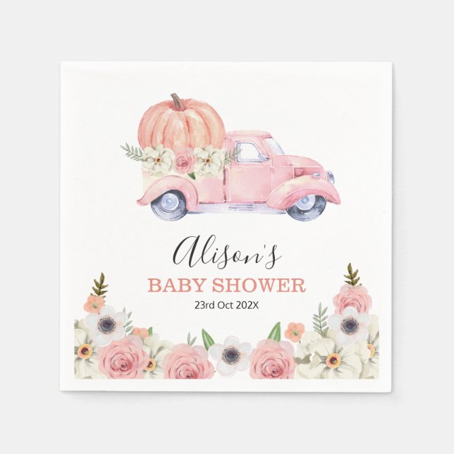Fall Rosa Blommigt Pumpkin Lastbil Baby Shower Pap Pappersservett (Framsidan)