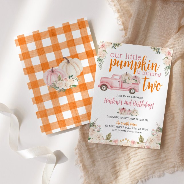 Fall Rosa Blommigt Pumpkins Harvest Lastbil Birthd Inbjudningar (Skapare uppladdad)