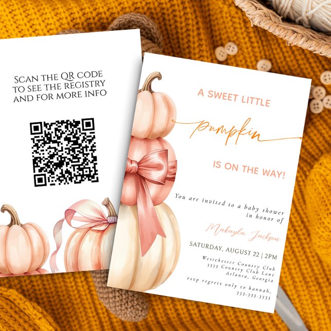 Fall Rosa Bow Little Pumpkin Baby Shower QR Code Inbjudningar (Skapare uppladdad)