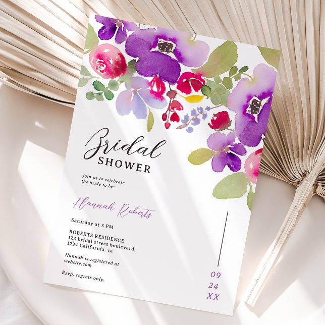 Fall rosa lila blommigt vattenfärgsmöhippa inbjudningar (Fall pink purple floral watercolor bridal shower invitation)