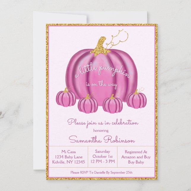 Fall Rosa och Guld Pumpkin Girl Baby Shower Inbjudningar (Framsida)