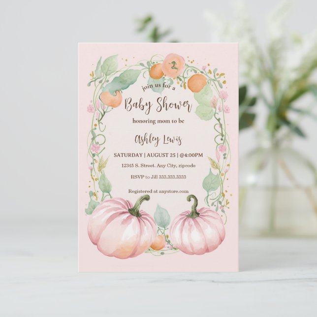 Fall Rosa Pumpkin Baby-duschinbjudan Inbjudningar (Stående Fram)