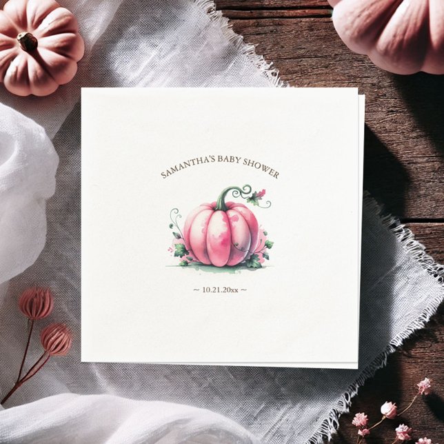 Fall Rosa Pumpkin Baby Shower Personlig Pappersservett (Fall baby shower napkins simple watercolor pink pumpkin personalize with template)