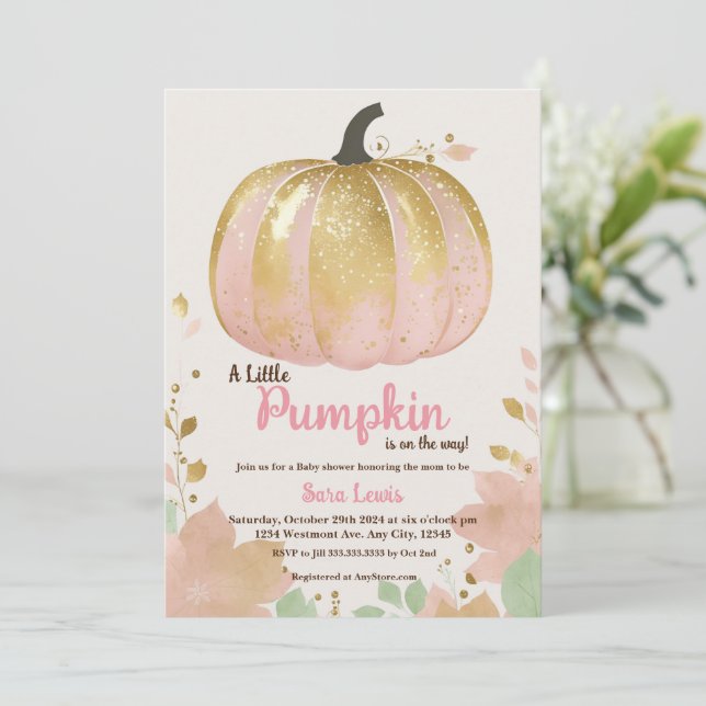 Fall rosa pumpkin babydusch guld pumpkin inbjudningar (Stående Fram)