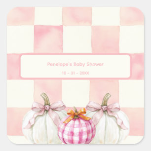 Fall Rosa Pumpkin Gingham Girl Baby Shower Fyrkantigt Klistermärke