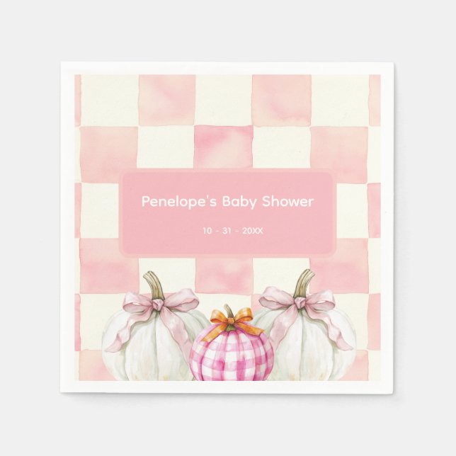 Fall Rosa Pumpkin Gingham Girl Baby Shower Pappersservett (Framsidan)