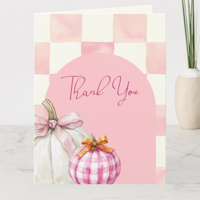 Fall Rosa Pumpkin Gingham Girl Baby Shower Tack Kort (Framsida)