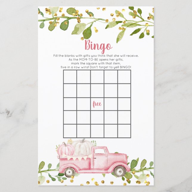 Fall Rosa Pumpkin Lastbil Baby Shower Bingo Game (Framsida)