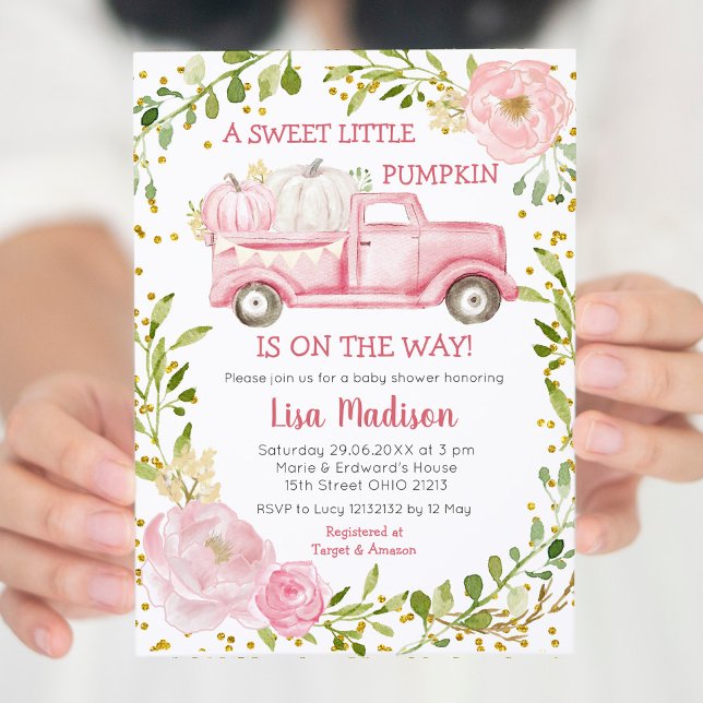 Fall Rosa Pumpkin Lastbil Baby Shower Girl Inbjudningar (Skapare uppladdad)