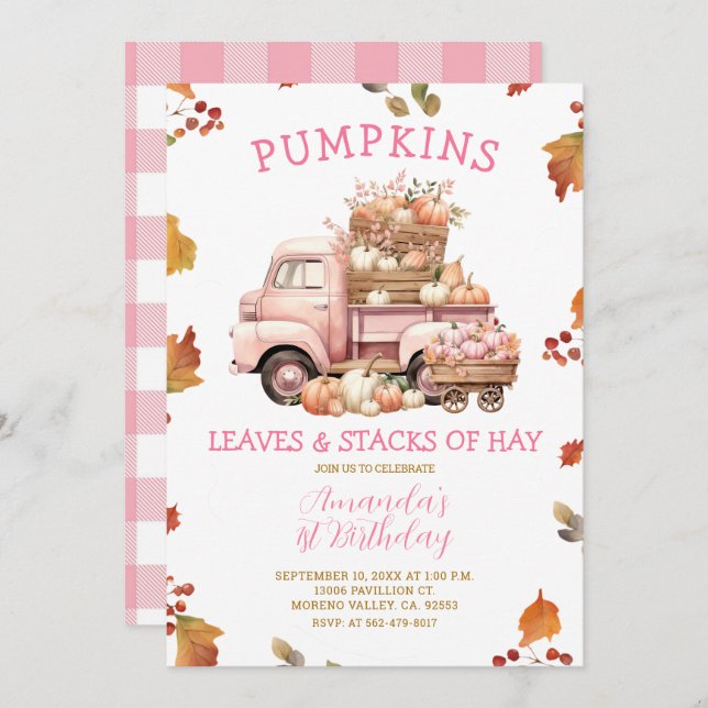 Fall Rosa Pumpkin Lastbil Girl 1:a hösten Inbjudningar (Fram/baksida)