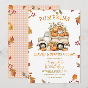 Fall Rosa Pumpkin Lastbil Girl Birthday Autumn Flo Inbjudningar