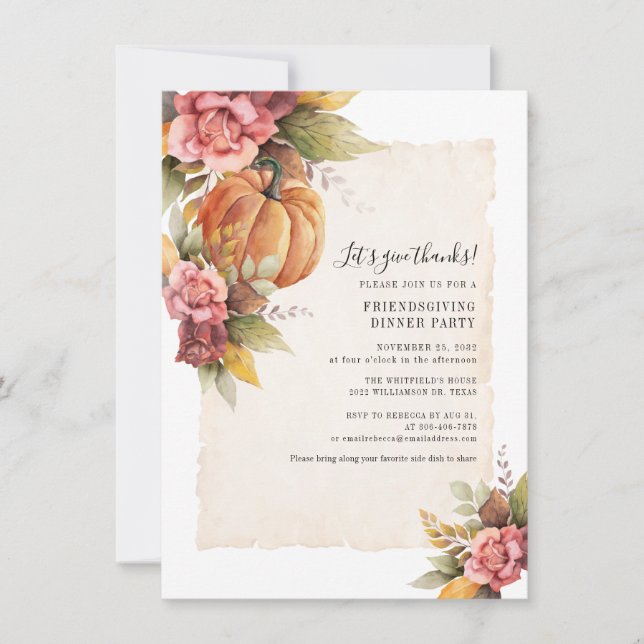 Fall Rust Löv Pumpkin Friendsgiving Middag Inbjudningar (Framsida)