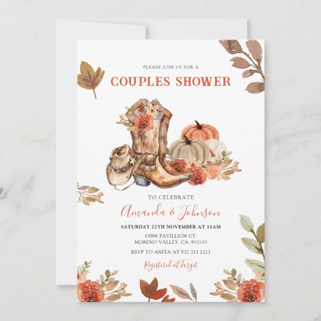 Fall Rustic Blommigt Boots Pumpkin Couple Shower Inbjudningar (Framsida)