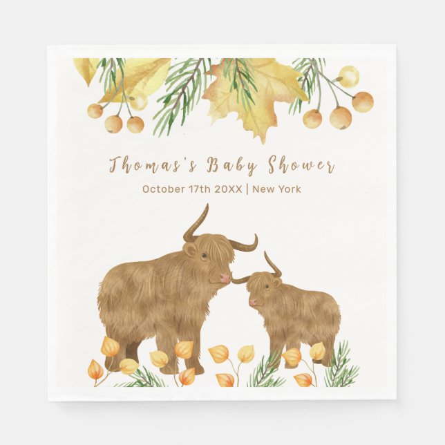 Fall Rustic Boho Highland Cow Baby Shower Pappersservett (Framsidan)