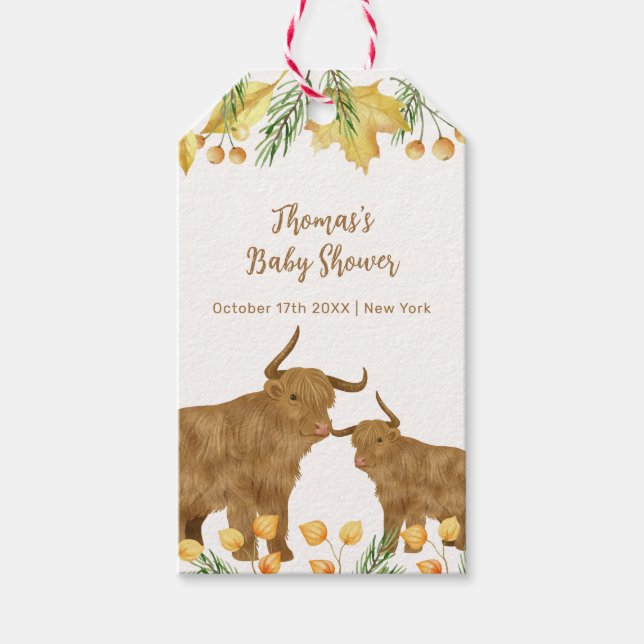 Fall Rustic Boho Highland Cow Baby Shower Presentetikett (Framsidan)