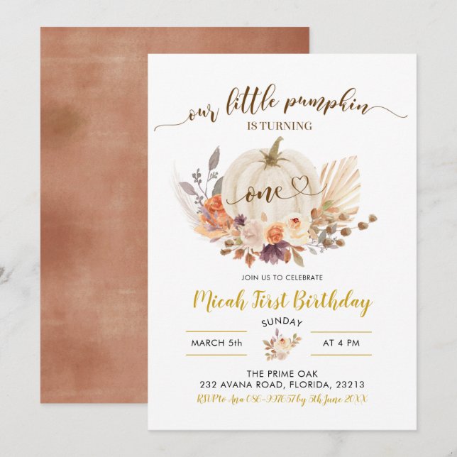 Fall Rustic Boho Pumpkin Första födelsedagsinbjuda Inbjudningar (Fram/baksida)