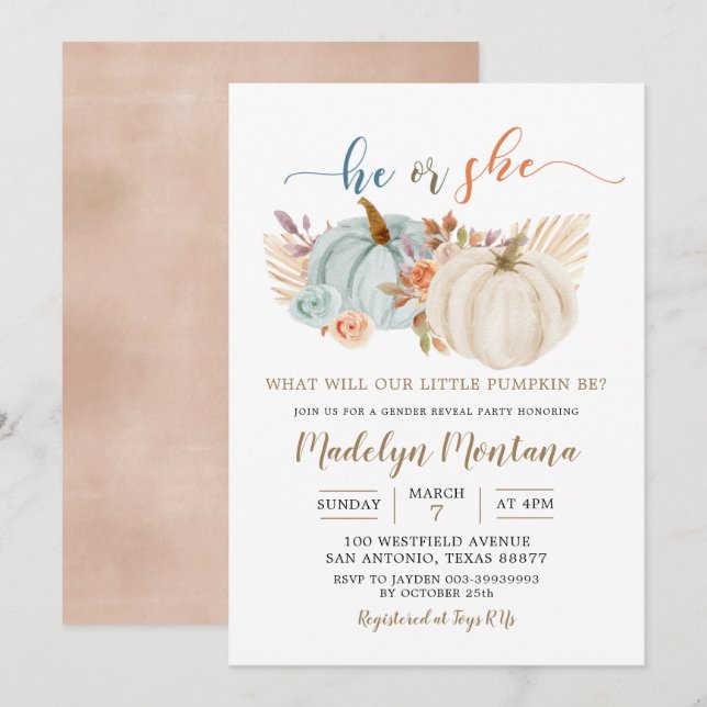 Fall Rustic Boho Pumpkin Gender Reveal-inbjudan Inbjudningar (Fram/baksida)