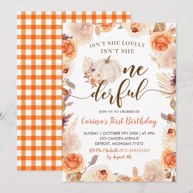 Fall Rustic Boho Pumpkin Onederful Birthday Invita Inbjudningar (Fram/baksida)