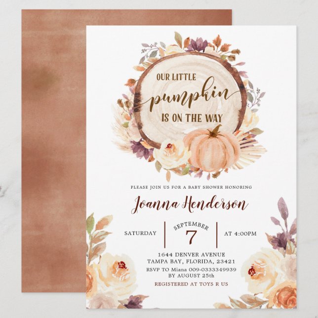 Fall Rustic Boho Woodland Pumpkin Baby Shower Inbjudningar (Fram/baksida)