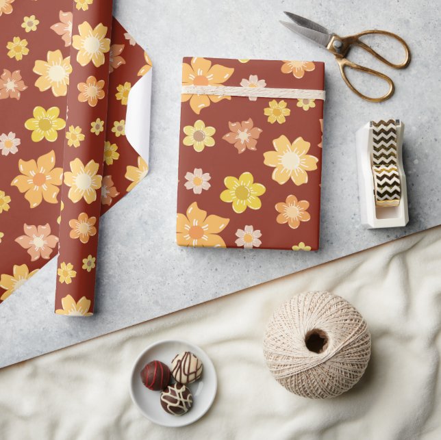 Fall Rustic Flowers Elegant Sömlös Thanksgiving Presentpapper (Hantverk)