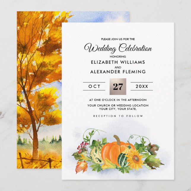 Fall Rustic liggande | Autumn Harvest Bröllop Inbjudningar (Fram/baksida)