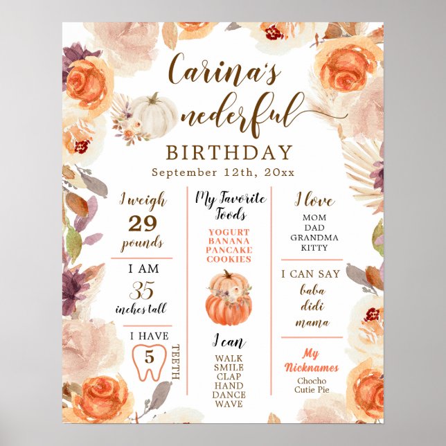 Fall Rustic Pumpkin Onederful First Birthday-tecke Poster (Framsidan)