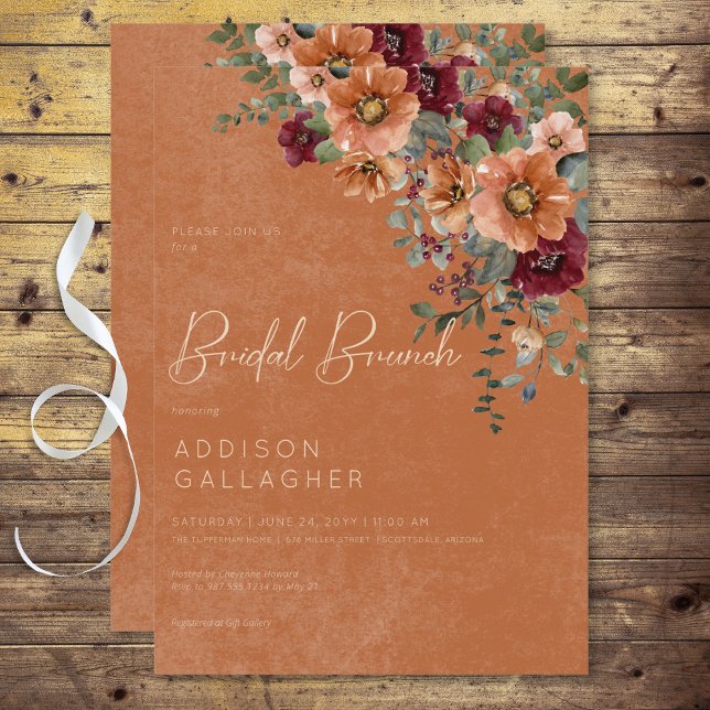 Fall Rustic Rust & Vin Blommigt Möhippa Brunch Inbjudningar (Fall Rustic Rust & Wine Floral Bridal Brunch Invitation)