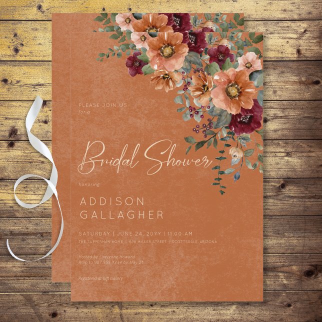Fall Rustic Rust & Vin Blommigt Möhippa Inbjudningar (Fall Rustic Rust & Wine Floral Bridal Shower Invitation)