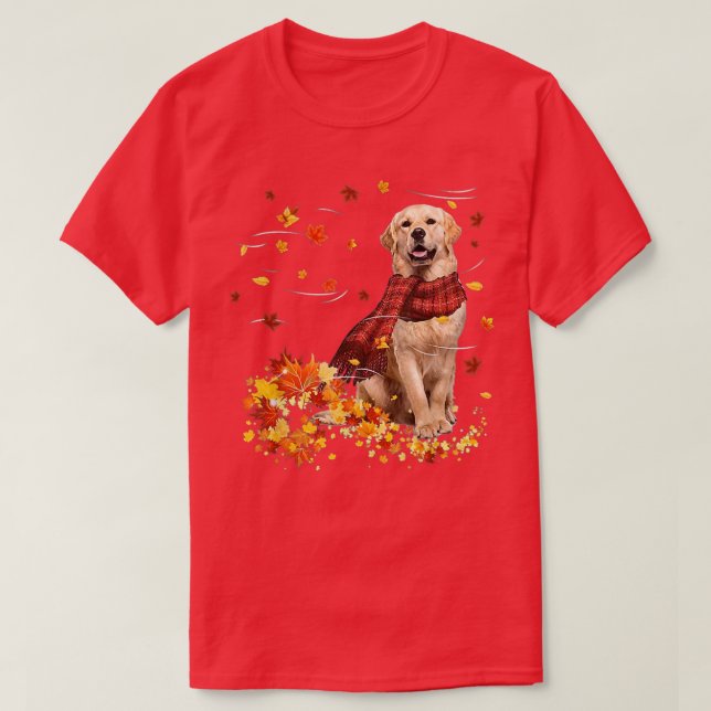 Fall Scarf Golden Retriever Hund Autumn Falling Le T Shirt (Design framsida)