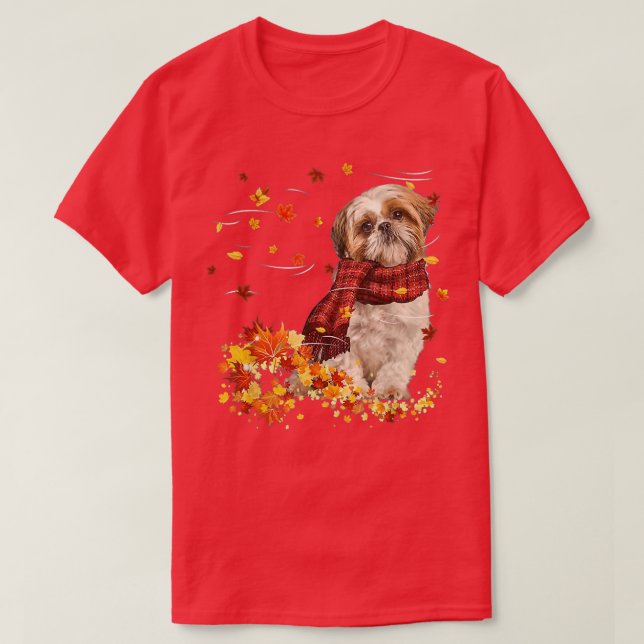 Fall ScarfShih Tzu Hund Höstnedgång Löv T Shirt (Design framsida)