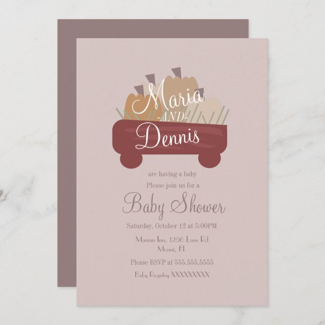 Fall Simple Pumpkin Nuetal Wagon Baby Shower Inbjudningar (Fram/baksida)