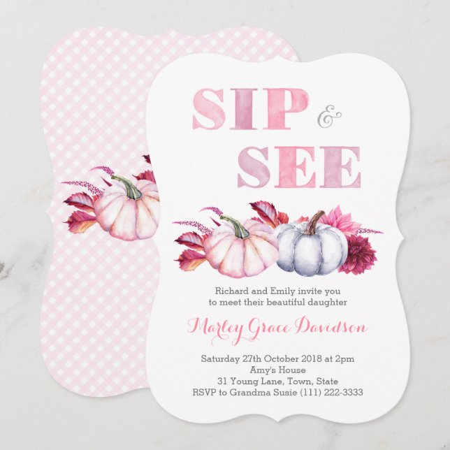 Fall Sip & See Party-kort med Rosa Grått Pumpkins Inbjudningar (Fram/baksida)