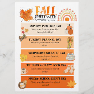 Fall Spirit Week flyer, Höstskolans stämningsvecka Flygblad
