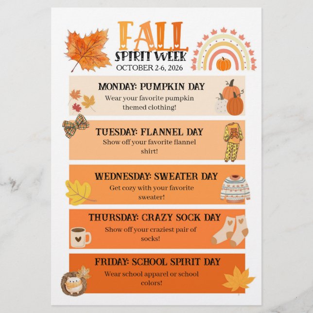 Fall Spirit Week flyer, Höstskolans stämningsvecka Flygblad (Framsidan)