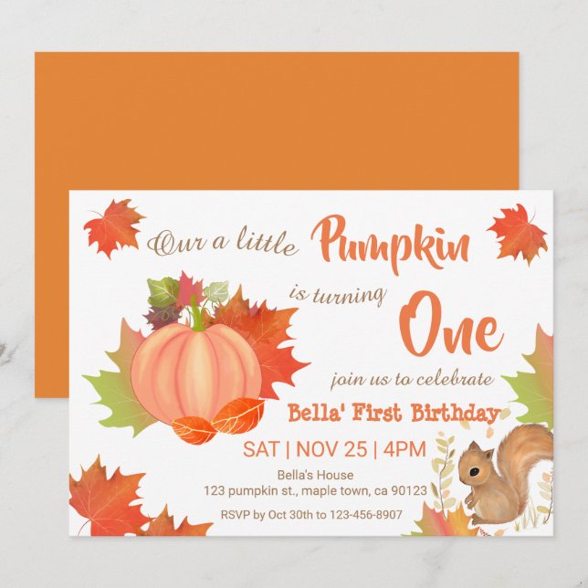 Fall Squirrel Pumpkin Första födelsedagsinbjudan Inbjudningar (Fram/baksida)