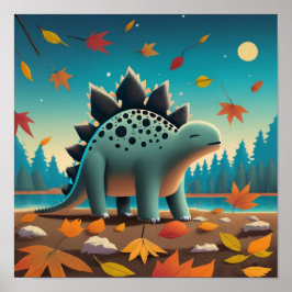 Fall Stegosaurus med Löv: Cute Wall Art Poster