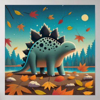 Fall Stegosaurus med Löv: Cute Wall Art Poster