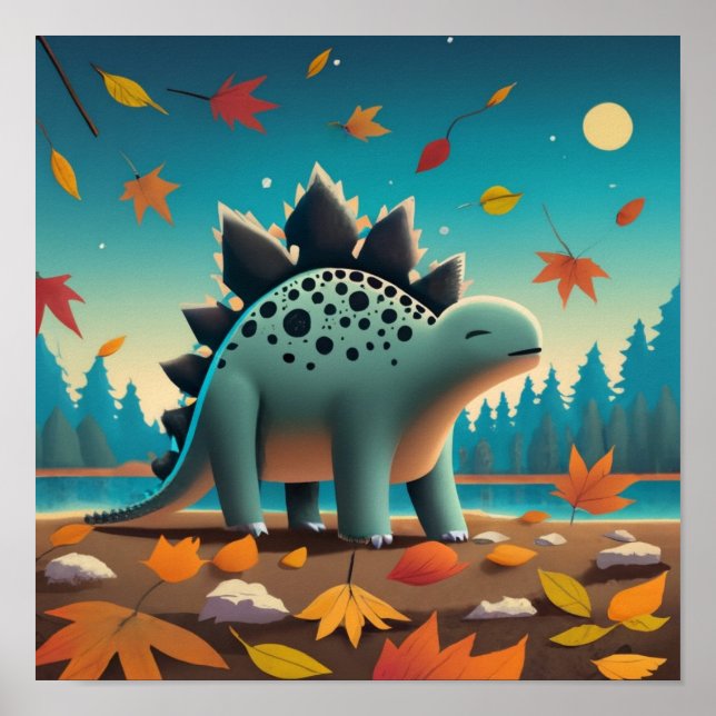 Fall Stegosaurus med Löv: Cute Wall Art Poster (Framsidan)