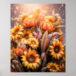 Fall Sunblommor Blooming Gula blommor Poster