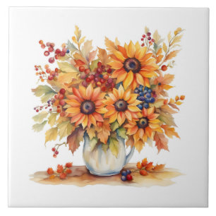Fall Sunblommor och Berries Bouquet Kakelplatta