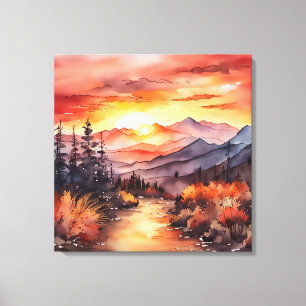 Fall Sunset on Mountain Watercolor Canvastryck
