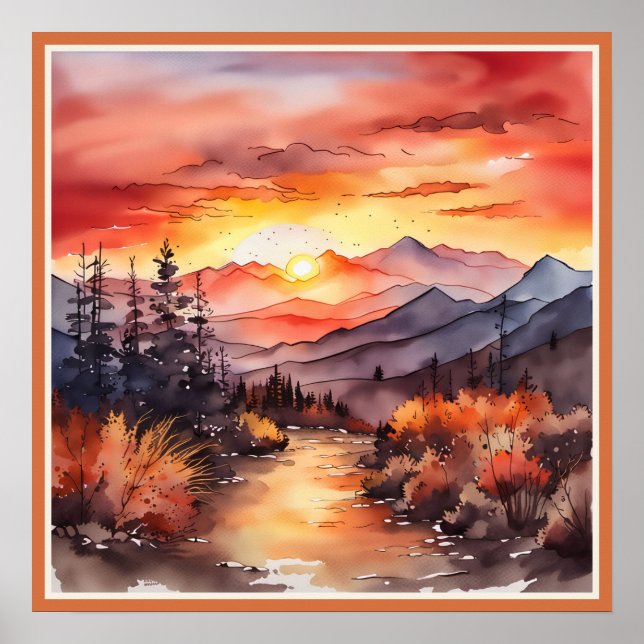 Fall Sunset on Mountain Watercolor Faux Mat Poster (Framsidan)